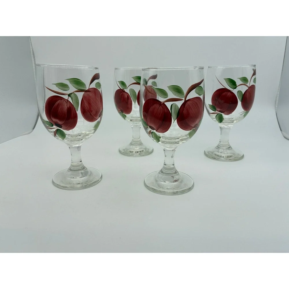 Vintage Hand Painted Apple Wine Glasses Set of 4 Red Fruit Motif Goblets